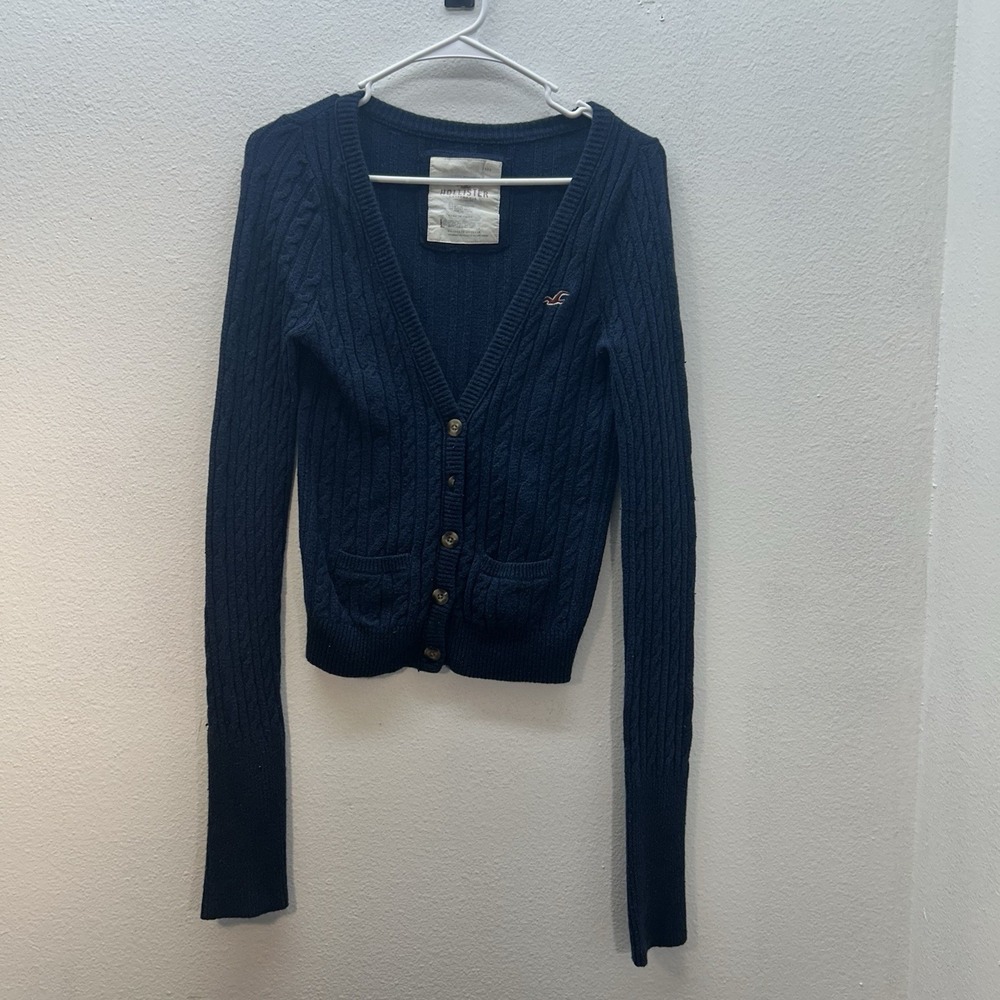 Y2K Hollister Juniors L Navy Blue Cable Knit‎ Cardigan Sweater Button Up Rabbit